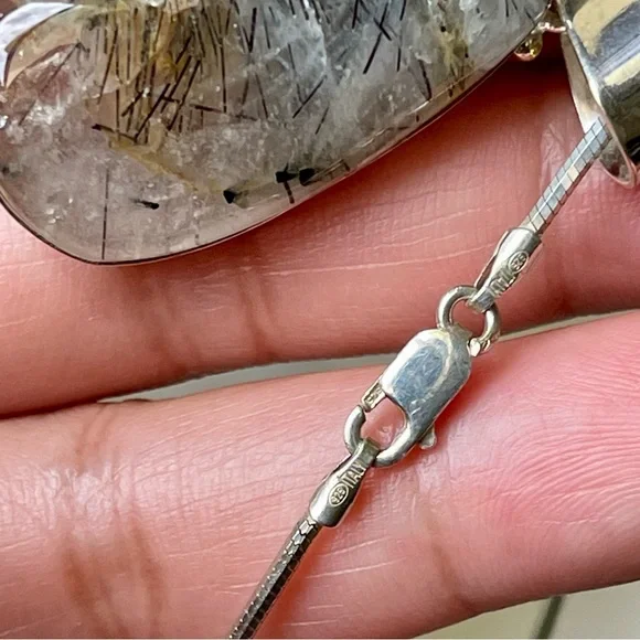 Black Rutilated Quartz Tear Drop Pendant 925 Sterling Silver 19" Necklace Chain - Picture 7 of 15